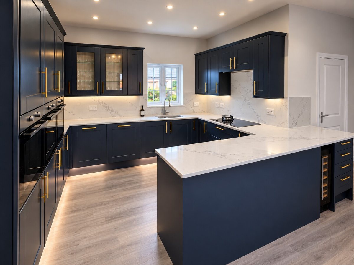 Finished navy Shaker kitchen with quartz worktops and brass handles