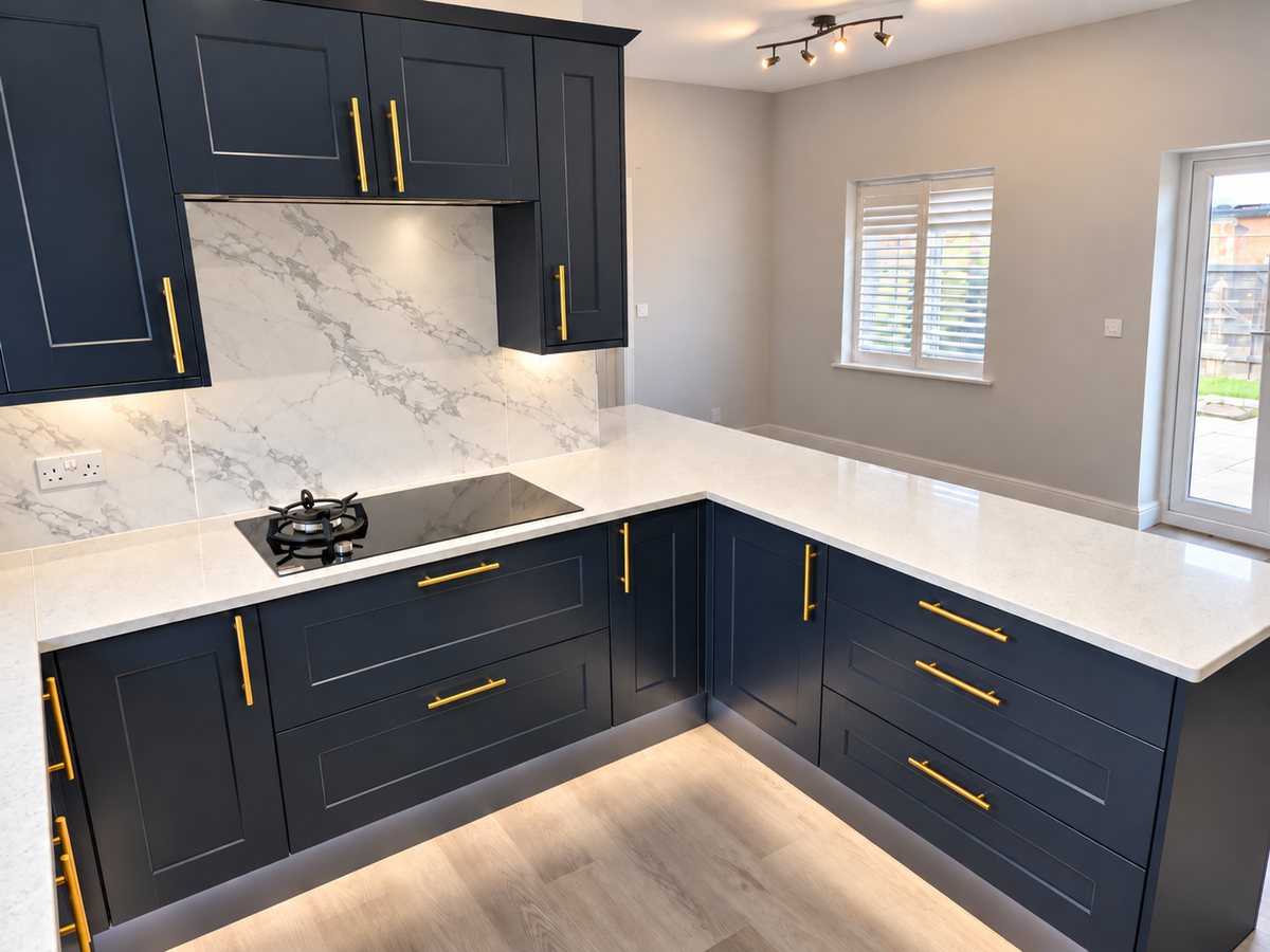 Finished hob run and navy Shaker cabinetry