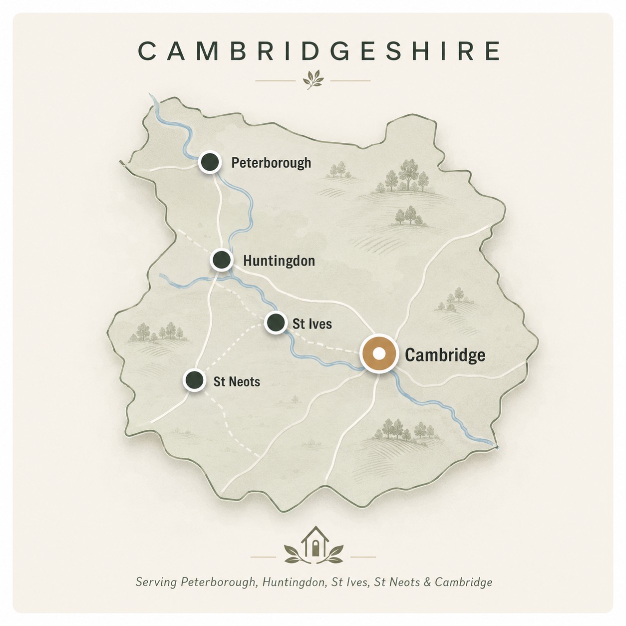 Illustrated Cambridgeshire coverage map showing Peterborough, Huntingdon, St Ives, St Neots and Cambridge
