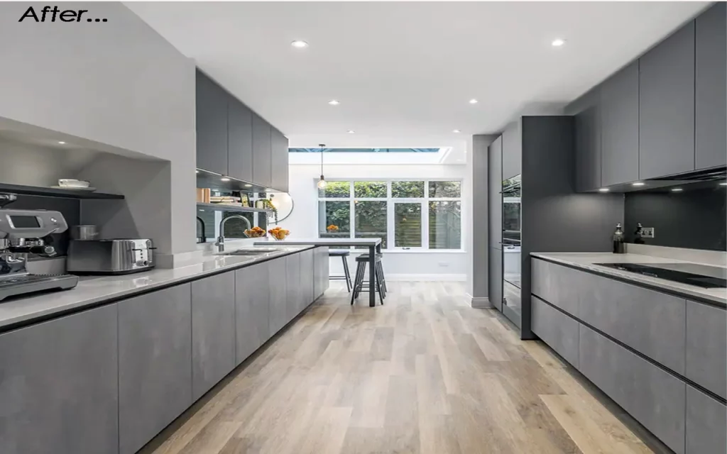 Modern grey kitchen renovation with sleek cabinets, island seating, and bright open layout