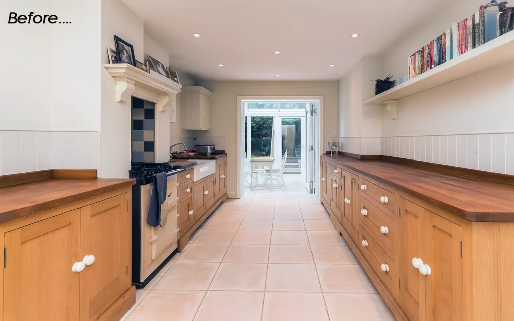 Outdated traditional kitchen with wooden cupboards and tiled floor before renovation. Time to replace your old kitchen